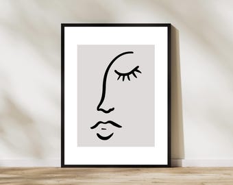 Abstract Face Art Print, Modern Female Portrait, Contemporary Line Drawing Face, Minimalist Neutral Home Decor, Simple Face Portrait