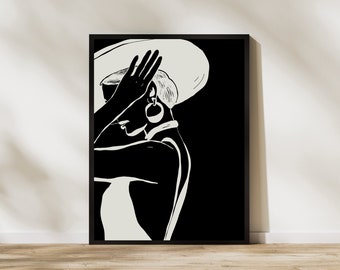 Fashion Woman In Hat Printable Art, Female Portrait Art Poster, Monochrome Fashion Poster, Black and Beige Digital Art, Magazine Cover Art