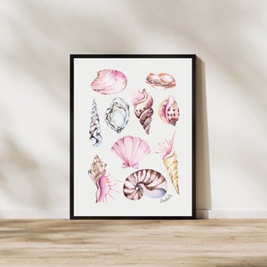 Stampa artistica di conchiglie, poster di conchiglie rosa, stampa artistica digitale per bagno, stampa PDF di conchiglie ad acquerello, arte stampabile per bagno costiero, pastello.