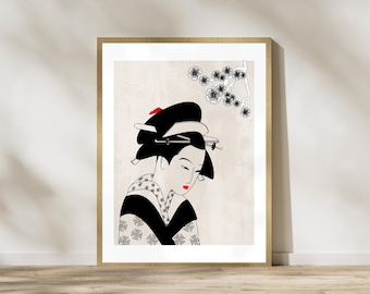 Geisha Art Print: Japanese Portrait with Cherry Blossoms (Instant Download)