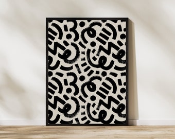Keith Haring Inspired Art Print: Black Beige Abstract Graffiti (PDF Files)