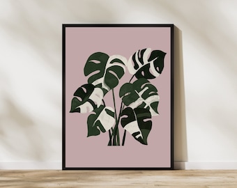 Painted Monstera Leaf Tropical Art Print, INSTANT DOWNLOAD, Boho Pastel Pink House Plant Digital Wall Art, Abstract Botanical Canvas Print