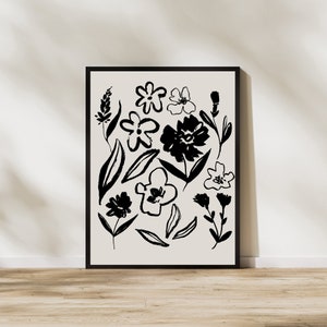Skizze Blumen Digital Art Print, neutrale Blumenwandkunst, schwarz beige botanische Zeichnung, INSTANT DOWNLOAD, Galerie Wandkunst Poster