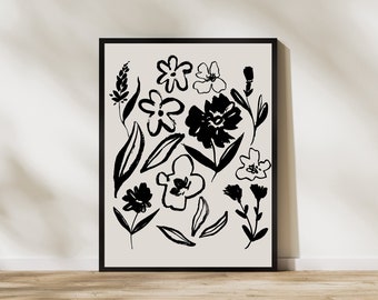 Sketch Flowers Digital Art Print, Neutral Floral Wall Art, Black Beige Botanical Drawing, INSTANT DOWNLOAD, Gallery Wall Art Poster