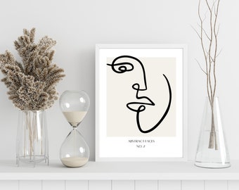 Abstract Faces No. 2 Modern Art Print, Portrait Line Drawing, Printable Picasso Inspired Wall Art, INSTANT DOWNLOAD, Beige and Black Poster