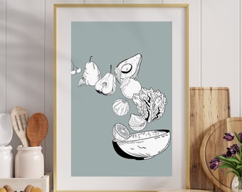 Modern Fruit Bowl Sketch Art Print: Kitchen Food Poster (Instant Download)