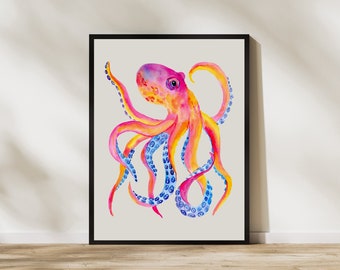 Octopus Watercolour Digital Art Print, Bathroom Printable Poster, Instant Download Art, Coastal Beach House Decor, Colourful Gallery Wall