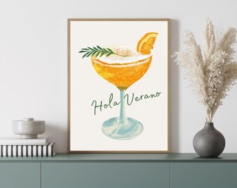Summer Cocktail Colourful Art Print, INSTANT DOWNLOAD, Bar Cart Art Print, Kitchen Decor Wall Poster, Printable Wall Art, Hola Verano Art