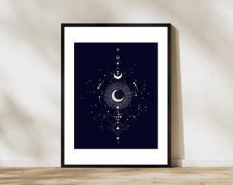 Celestial Astrology Poster, Moon and Stars Wall Art, Constellation Digital Art Print, Printable Space Cosmology Poster, Navy Blue Wall Decor