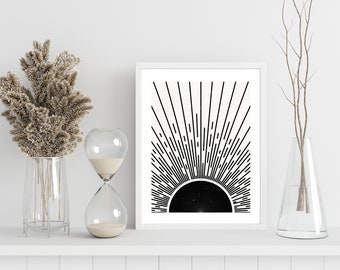Sunrise Celestial Modern Art Print, Geometric Sunset Printable Poster, INSTANT DOWNLOAD, Black Boho Sun Wall Art, Rising Sun Art Print