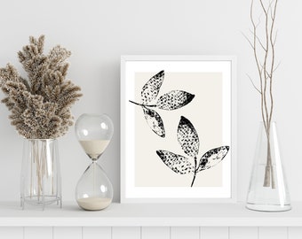 Leaf Press Ink Print, Botanical Digital Art Print, INSTANT DOWNLOAD, Minimal Neutral Home Decor, Monochrome Art Poster