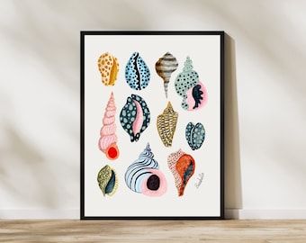 Seashell Collection Digital Art Print, INSTANT DOWNLOAD, Watercolour Shells Art Poster, Colourful Shell Drawing, Beach House Art Poster