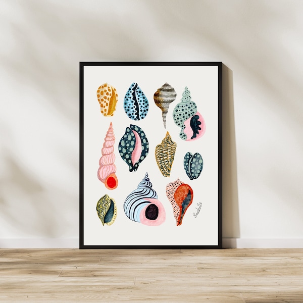 Seashell Collection Digital Art Print, INSTANT DOWNLOAD, Watercolour Shells Art Poster, Colourful Shell Drawing, Beach House Art Poster