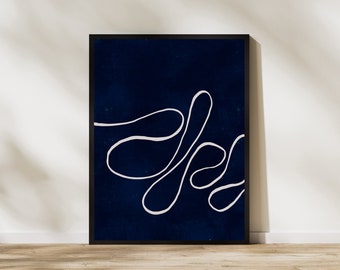 Navy Blue Line Art Print, INSTANT DOWNLOAD, Minimalist Line Art Digital Print, Dark Blue Art Poster, Indigo Living Room Art, Modern Wall Art