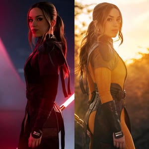 May include: Two images side-by-side. The left image shows a person in a black outfit with a red lightsaber. The right image shows a person in a yellow and black outfit with a gold lightsaber. Both images have a sunset background.