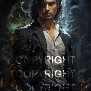 May include: A man with long, dark, curly hair wearing a black suit jacket over a white button-down shirt. The background is dark and blurry.