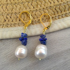 Baroque Pearl with Natural Laps Lazuli Dangle Earrings South sea Pearl Earrings, Pearl with Blue crystal Philippine Baroque Pearl & gemstone