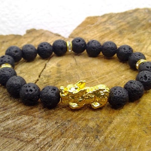 Pixiu Lava Stone Bracelet Luck Bracelet Crystal, Pixiu with 24K Gold Plated Dragon, Pixiu Protection Bracelet, Lava Stone Bracelet