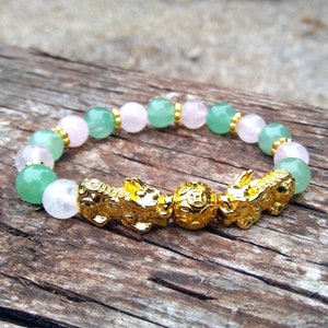 Double Pixiu Bracelet Love & Prosperity Pi Yao 24K Gold Plated Dragon Double Pixiu Rose Quartz  Aventurine Genuine Crystal Pi Yao Bracelet