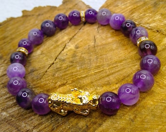 Amethyst Pixiu Bracelet: 24K Gold Dragon, Luck & Protection
