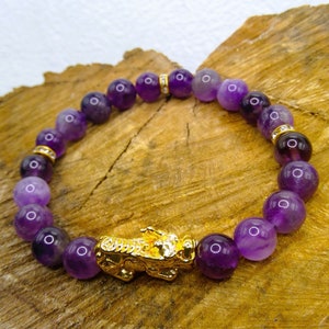 Calm & anti-Anxiety Pixiu Bracelet Luck Crystal Pi Yao 24K Gold Plated Dragon Protection Crystal Bracelet Amethyst Pixiu Jewelry Protection