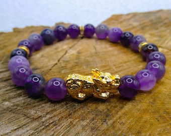 Amethyst Bracelet: 24K Gold Pixiu Dragon, Luck & Calming