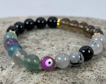 Evil Eye Gemstone Bracelet: Black Tourmaline, Smoky Quartz, Fluorite
