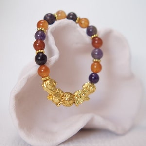 Double Pixiu Bracelet Peace & Happiness Pixiu Luck Bracelet Crystal Pi Yao 24K Gold Plated Dragon Double Pixiu Amethyst Carnelian Bracelet