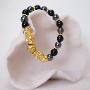 Double Pixiu Bracelet Protection & Grounding Luck Bracelet Crystal Pi Yao 24K Gold Plated Dragon Double Pixiu Onyx Hematite Bracelet