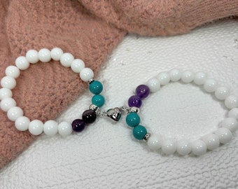 Personalized Couple Bracelet with Couple&#39;s Birthstone with Heart Magnet His & Her Crystal bracelet couple gemstone couple jewelry birthstone
