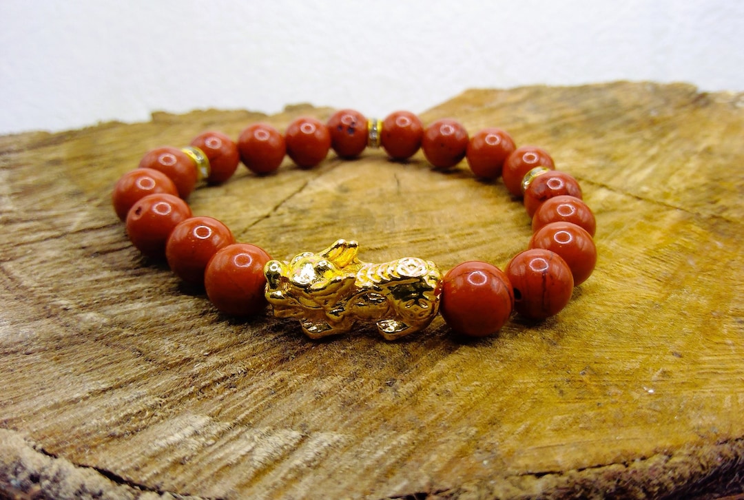 Pixiu Red Jasper Bracelet Luck Bracelet Genuine Crystal, Pixiu With 24K
