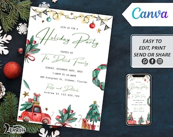 Invitación a fiesta de Navidad digital DIY, plantilla editable de Canva de Navidad, invitación a fiesta de festival, todo propósito, fiesta de Navidad con texto de teléfono móvil
