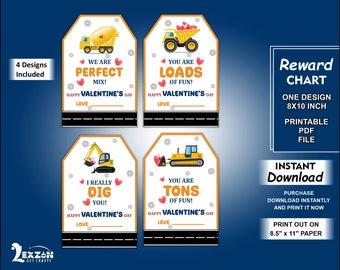 May include: Four printable Valentine's Day gift tags featuring construction vehicles and hearts. The tags say "We are perfect mix!", "You are loads of fun!", "I really dig you!" and "You are tons of fun!"