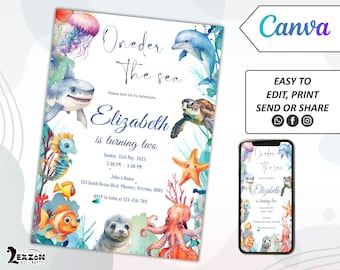 Under The Sea Birthday Invitation Template, Editable Ocean Animals Invite template,Instant Download Ocean Animals Girls Under the Sea Invite