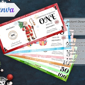 Dinheiro de Natal para impressão Atividade infantil do Pólo Norte Nota de Dólar Pronto para Imprimir Dinheiro Fictício de Natal Modelo Editável Canva de Dólar de Natal
