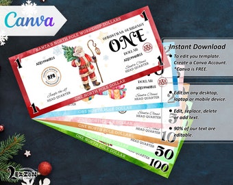 Printable Christmas Money North Pole Dollar Bill Kid's Activity Ready To Print Christmas Play Money Christmas Dollar Canva Editable Template