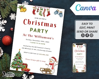 Invitación a fiesta de Navidad digital DIY, plantilla editable de Canva de Navidad, invitación a fiesta de festival, todo propósito, fiesta de Navidad con texto de teléfono móvil