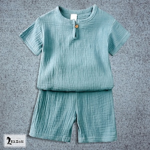 Ensembles de vêtements faits main en lin et coton pour tout-petit, tenues d'été pour tout-petit garçon, ensemble t-shirt à manches courtes + pantalon pour bébé garçon, mousseline de lin