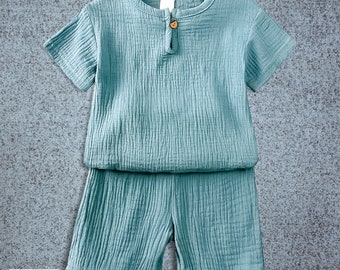 Conjuntos de ropa de lino y algodón hechos a mano para niño pequeño, conjuntos de verano para niño pequeño, conjunto de camiseta y pantalón de manga corta para bebé niño, lino de muselina