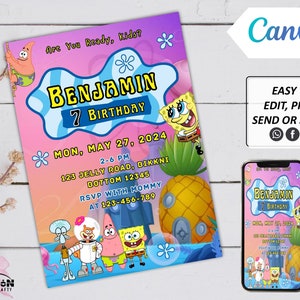 Bearbeitbare SpongeBob-Geburtstagseinladung, Party-Einladung, druckbare Schwamm einladen, Einladungsvorlage, elektronische Einladung, Sofort-Download.