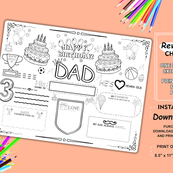 Happy Birthday Dad Coloring Page | Printable All About Dad Fill In Template | Father’s Birthday Activity | Dad’s Birthday Printable for Kids