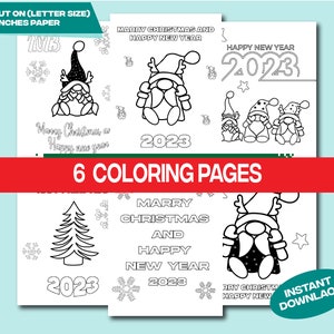 May include: Six black and white coloring pages featuring gnomes, Christmas trees, snowflakes, and the text "Marry Christmas and Happy New Year" and "Happy New Year 2023".