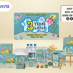 Bundel DIY digitale SpongeBob-feestuitnodiging, verjaardagsuitnodiging, afdrukbare uitnodiging, uitnodigingssjabloon, canvassjabloon, Instant Download