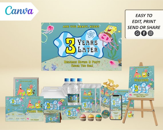 Bundle DIY Digital SpongeBob Party invitation, Birthday Invitation, Printable Invite, Invitation Template, Canva Template, Instant Download