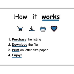 Pu&ograve; includere: Come funziona: Un'icona di carrello della spesa, un'icona di download, un'icona di stampante e un'icona di cuore. Il testo sotto le icone dice: 1. Acquista l'elenco, 2. Scarica il file, 3. Stampa su carta A4, 4. Divertiti!