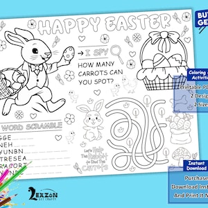 May include: A black and white printable coloring page featuring an Easter bunny carrying a basket of eggs, a word scramble, a 'I Spy' game, and a maze. The page includes the text 'Happy Easter' and 'Let's Help the Rabbit to Find the Carrots'.