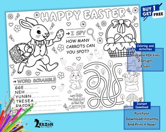 Tovaglietta di Pasqua felice / Pagina da colorare stampabile del coniglietto di primavera / Attività per la festa di Pasqua / Tovaglietta per il giorno di Pasqua / Labirinto di giochi per bambini stampabile