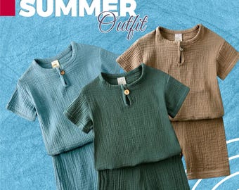Conjuntos de ropa de lino y algodón hechos a mano para niño pequeño, conjuntos de verano para niño pequeño, conjunto de camiseta y pantalón de manga corta para bebé niño, lino de muselina