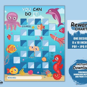 Onder de zee-beloningstabel | Afdrukbare gedragskaart zeedieren | Dagelijkse takenlijst | Afteltabel | Stickerkaart walvishaai vis