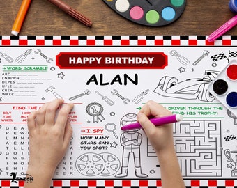 Racing Car Party Placemat | Printable Formula 1 Party Coloring Page | Cars Birthday Activity | Table mat | Car Race Party Games